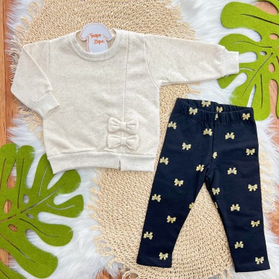 Conj. Casaco de Linho Dois Lacinhos e Calça Legging - Areia e Preto